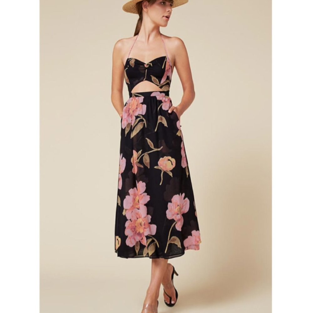 Reformation Addie Black Pink Floral Cutout Midi Dress US 2